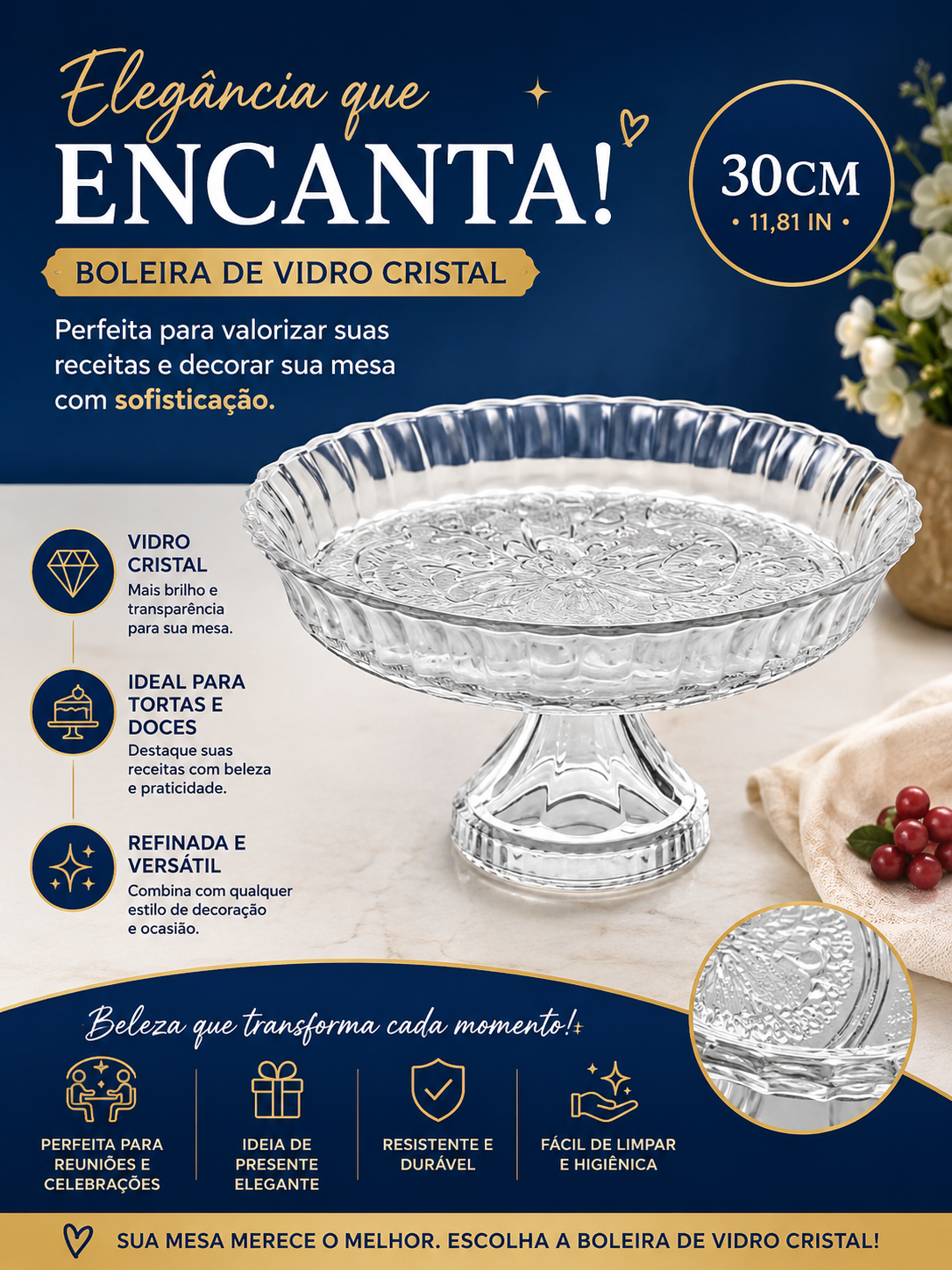 Boleira de Vidro Cristal 30 cm