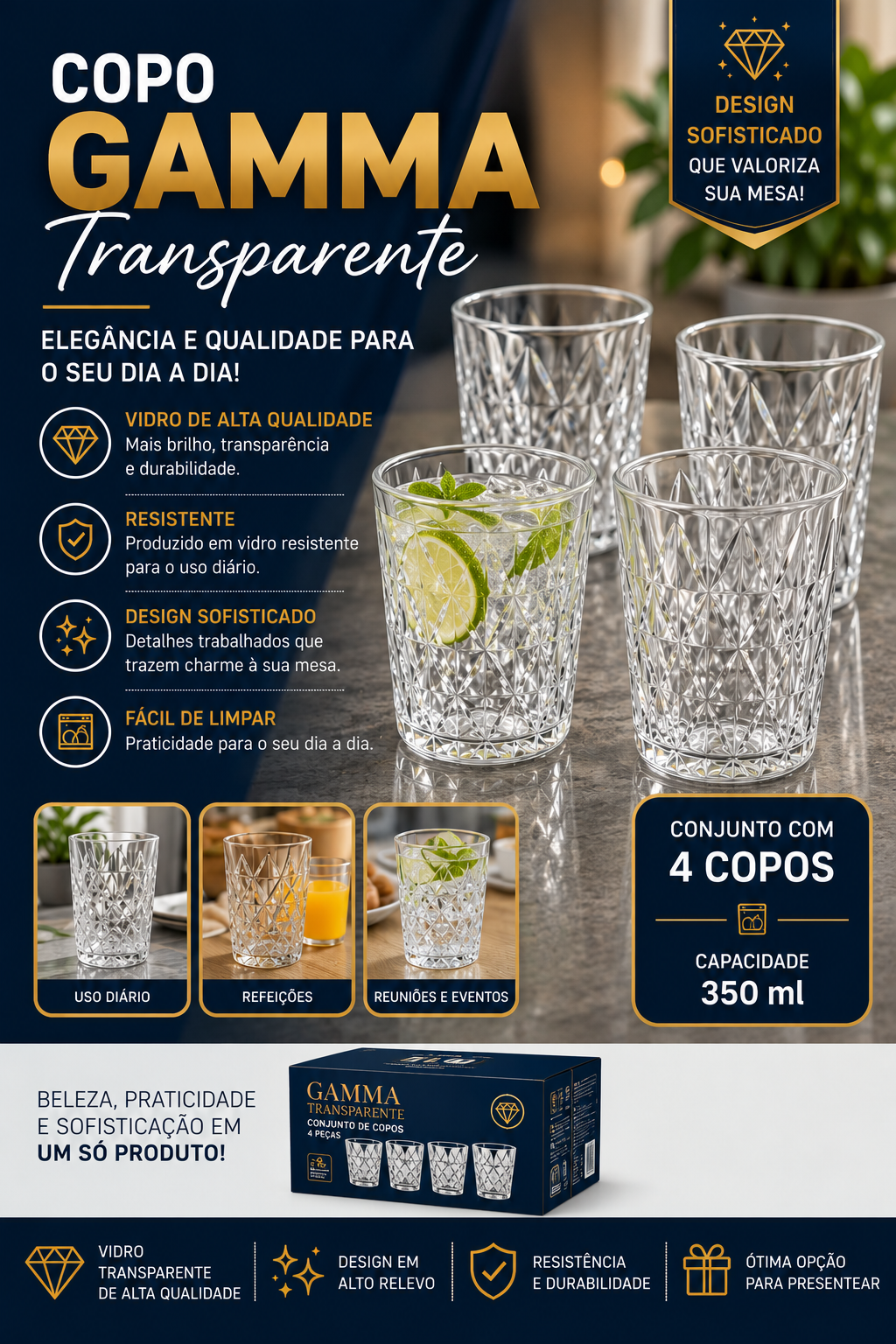Copo de Vidro Gamma Diamond - 350ml - 4 peças