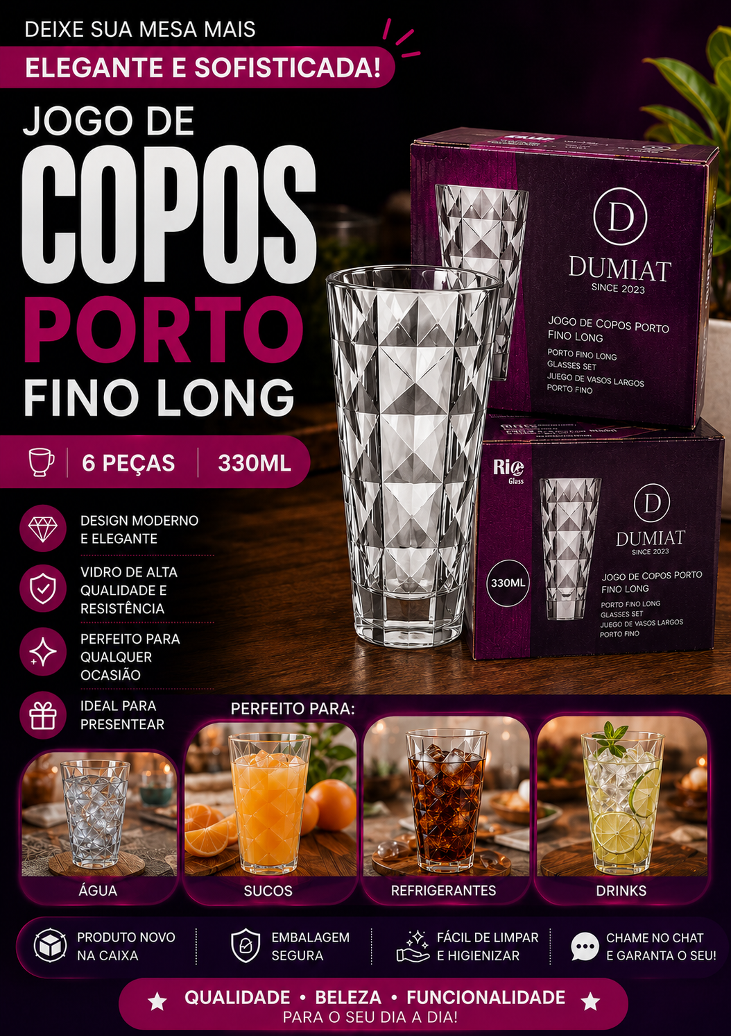 Jogo de Copos Porto Fino Long DUMIAT – 330ml  - Kit com 6 Peças