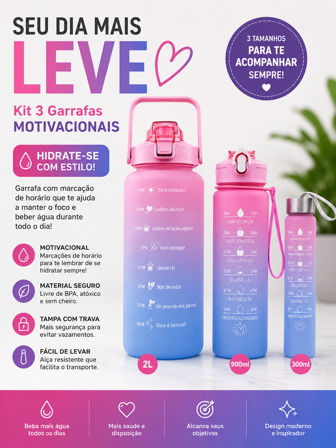 Kit Garrafas Motivacionais – 3 Peças