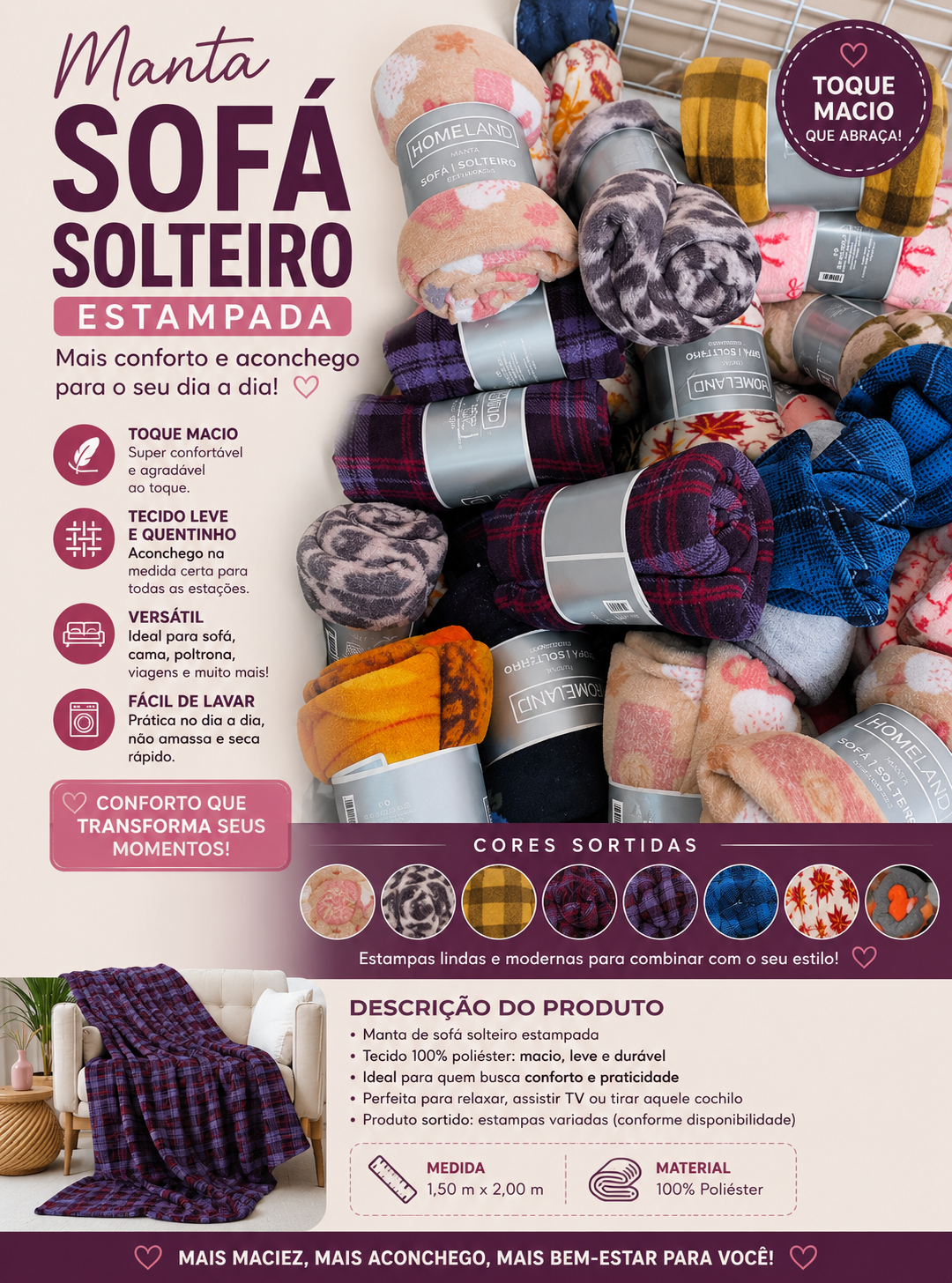 Manta Sofá Solteiro Estampada