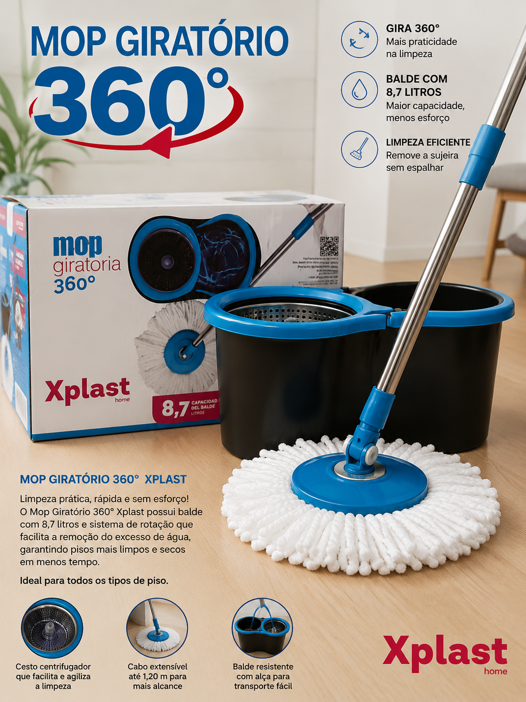 Mop Giratório 360° Xplast – Balde 8,7 Litros