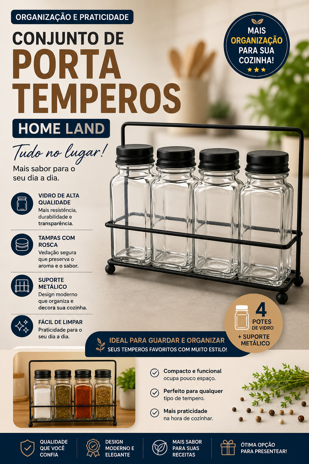 Porta Temperos Home Land – 4 Peças