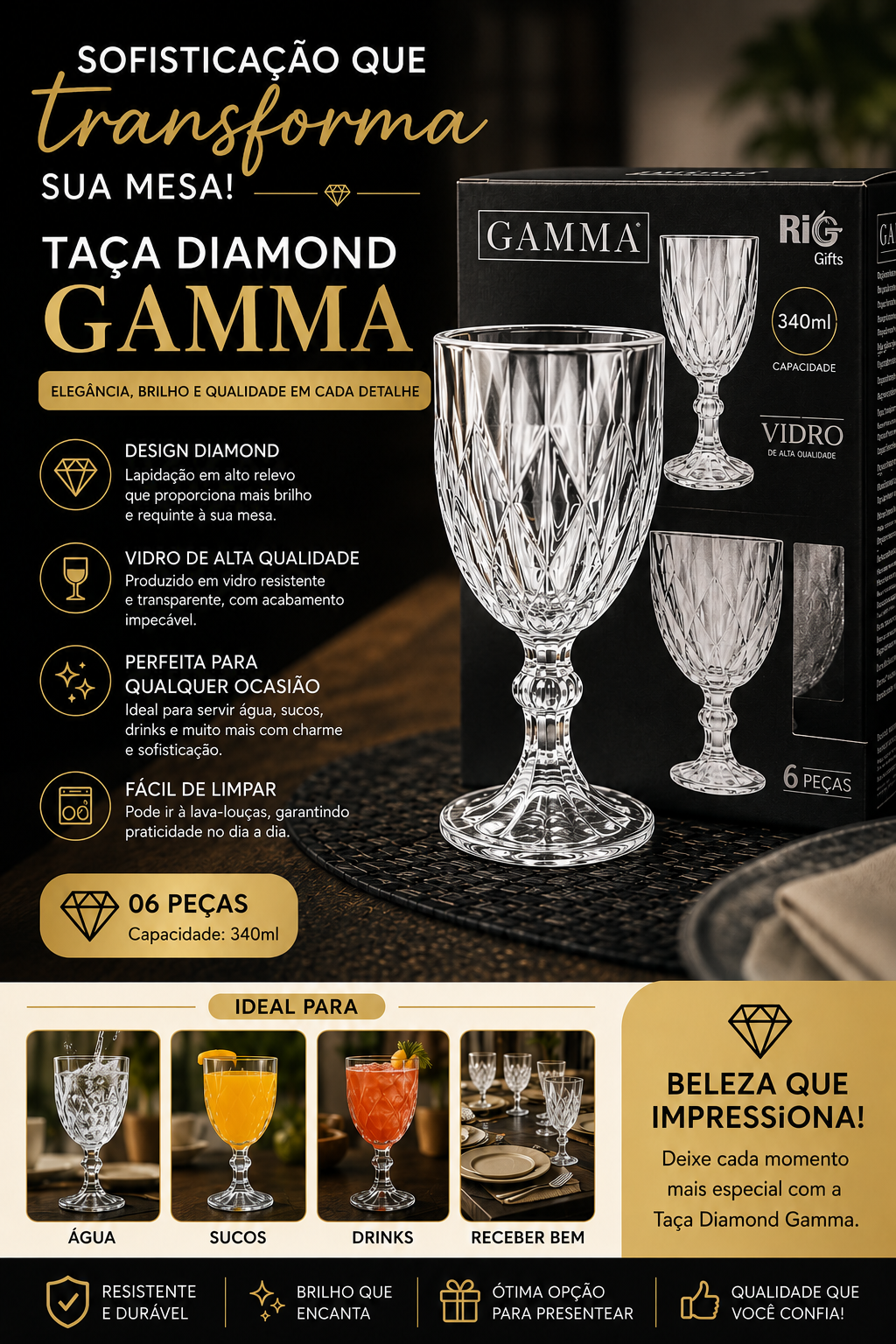 Taça Diamond Gamma – 340ml -  Jogo com 6 Peças